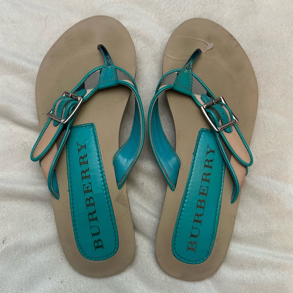 Burberry Turquoise Thong Sandals Nova Check Leather Buckle Flip Flops - Picture 6 of 7